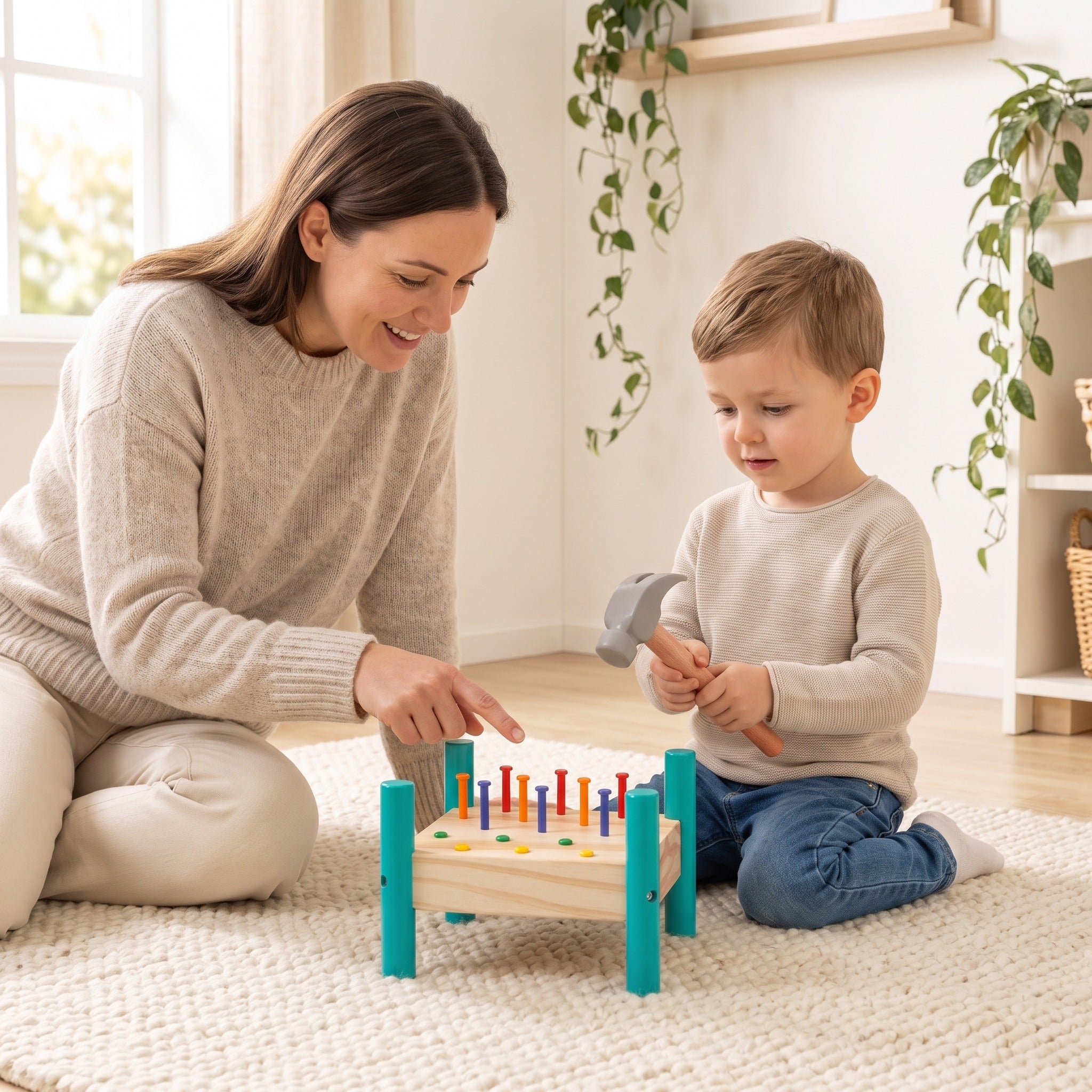Parent turning the peg board over for their child to hammer the pegs back