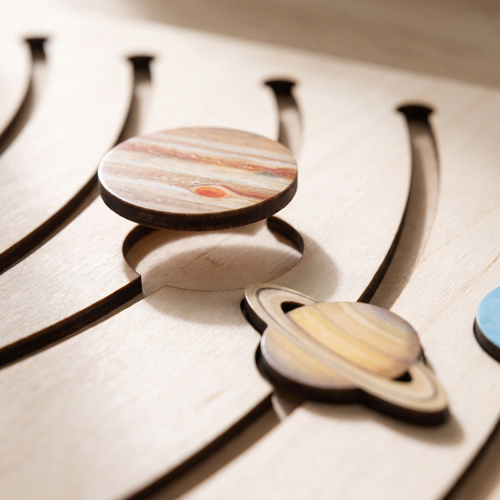 Macro of the laser-cut orbit arc and painted Saturn and Jupiter discs on the birch puzzle board