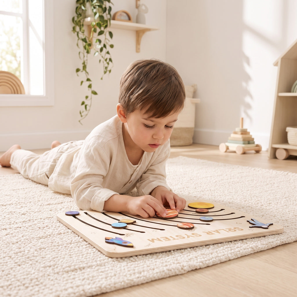 Child pressing the Jupiter disc into place on the solar system wooden puzzle