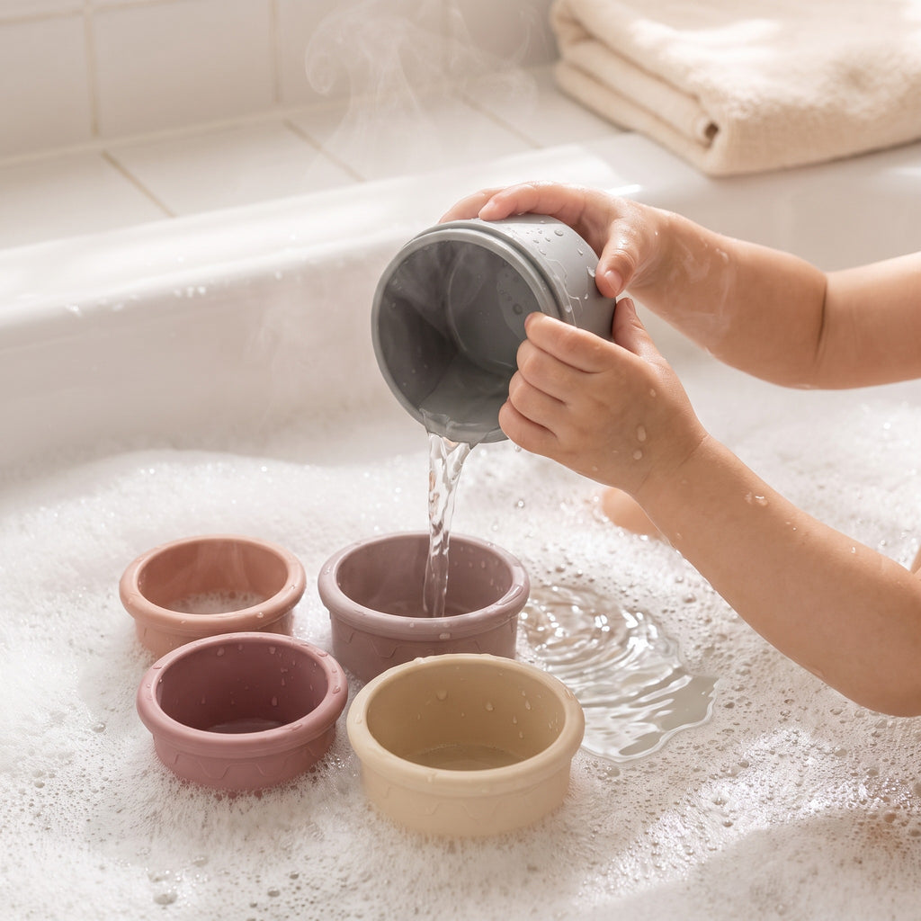 Silicone stacking cups floating in a bubbly bath while small hands pour water from one