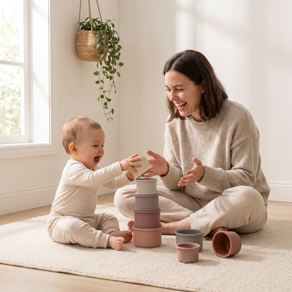 Baby knocking over a tower of silicone cups their parent has just built