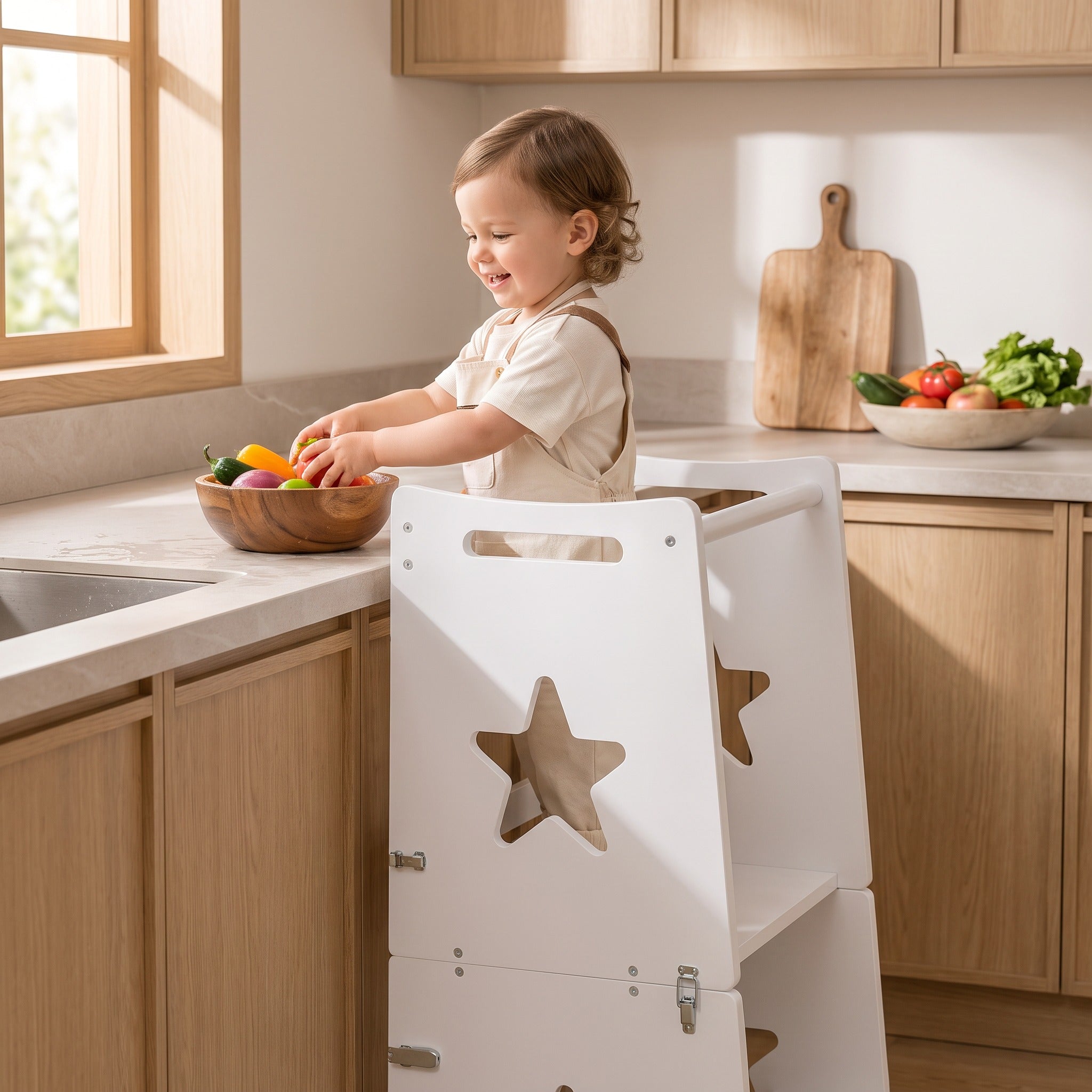 Toddler standing safely inside the kitchen helper tower washing vegetables at the counter