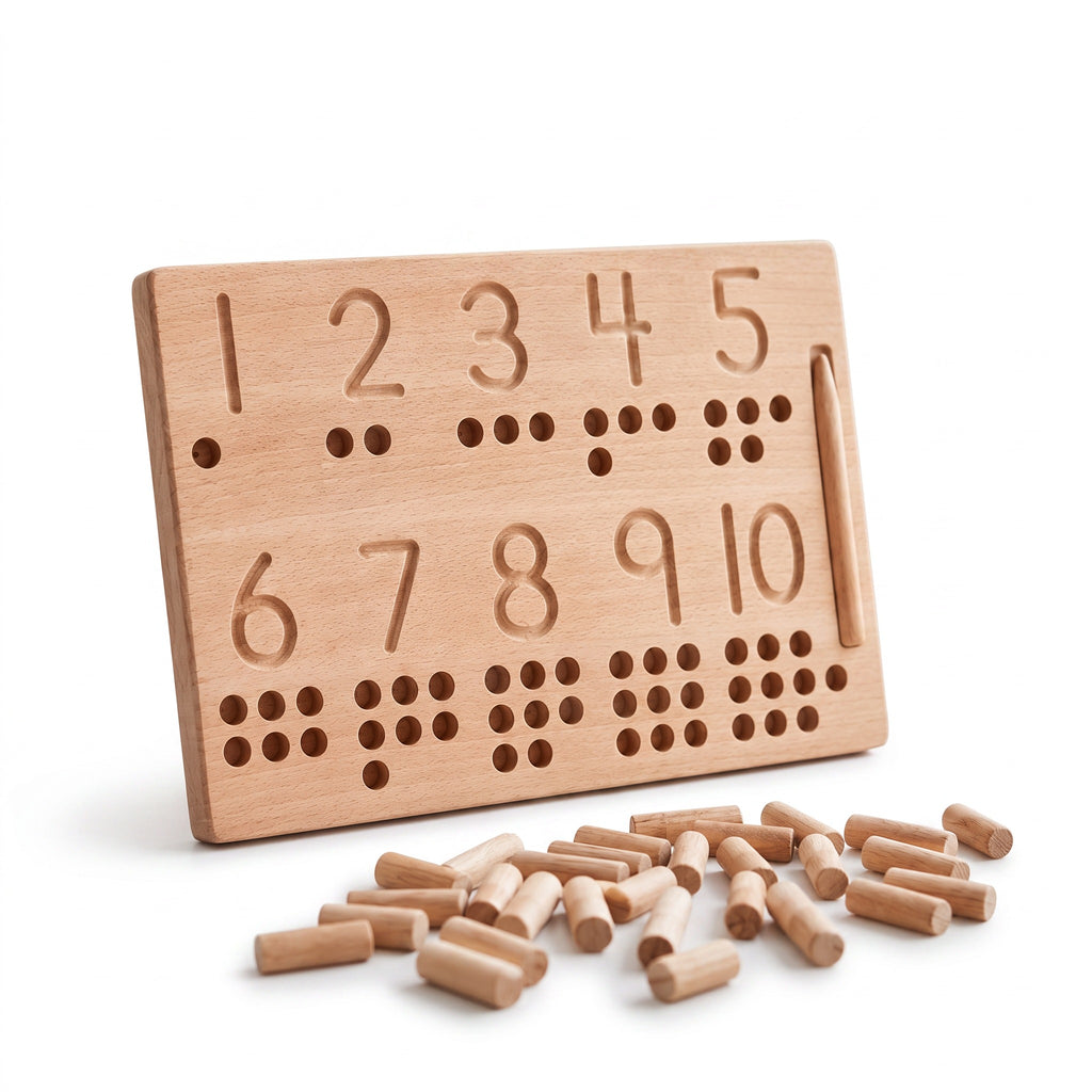 Montessori number tracing board with engraved numerals 1 to 10, counting holes and wooden sticks