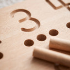 Macro of the engraved numeral 3 groove and counting holes on the birch tracing board