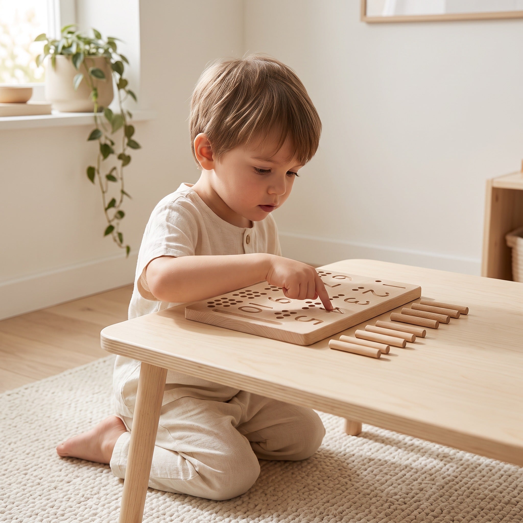 Child tracing the numeral 4 groove on the wooden number board with a fingertip