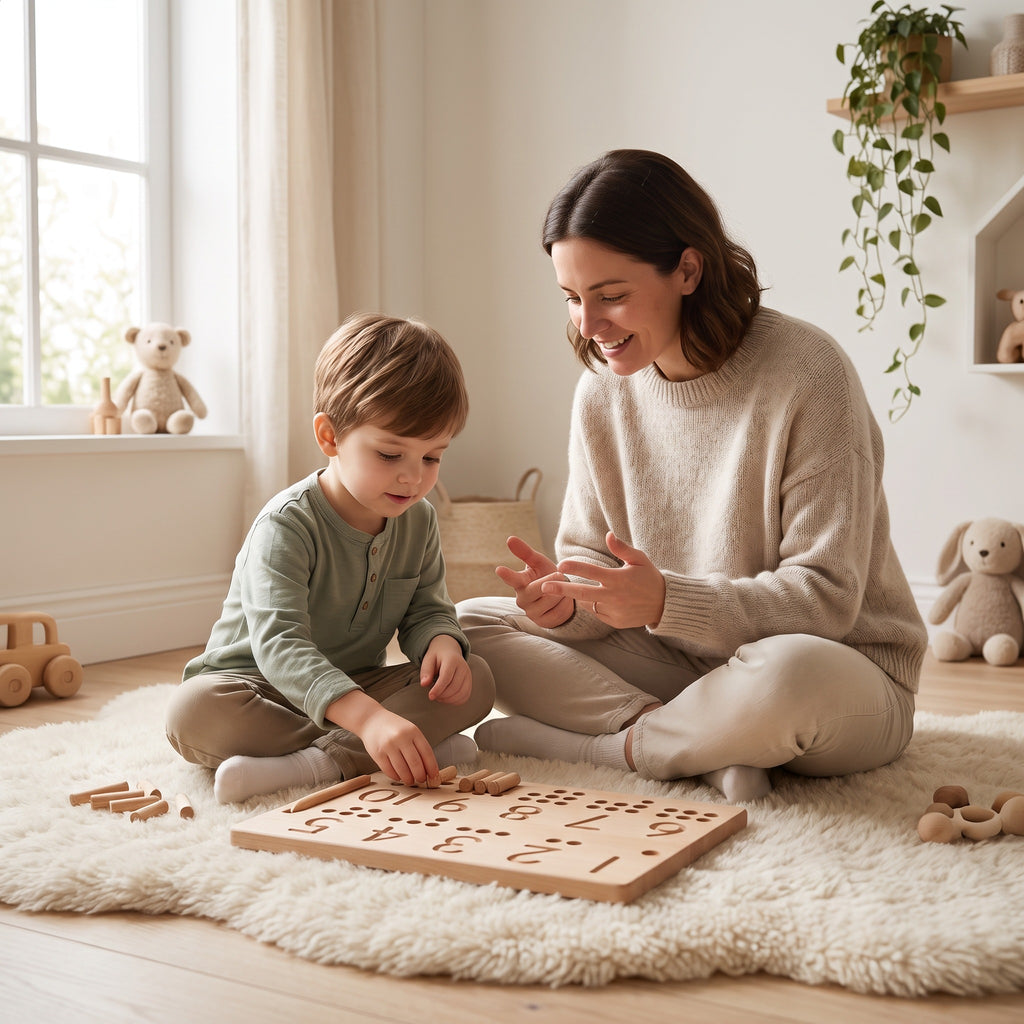 Parent and child counting sticks into the holes of the number tracing board