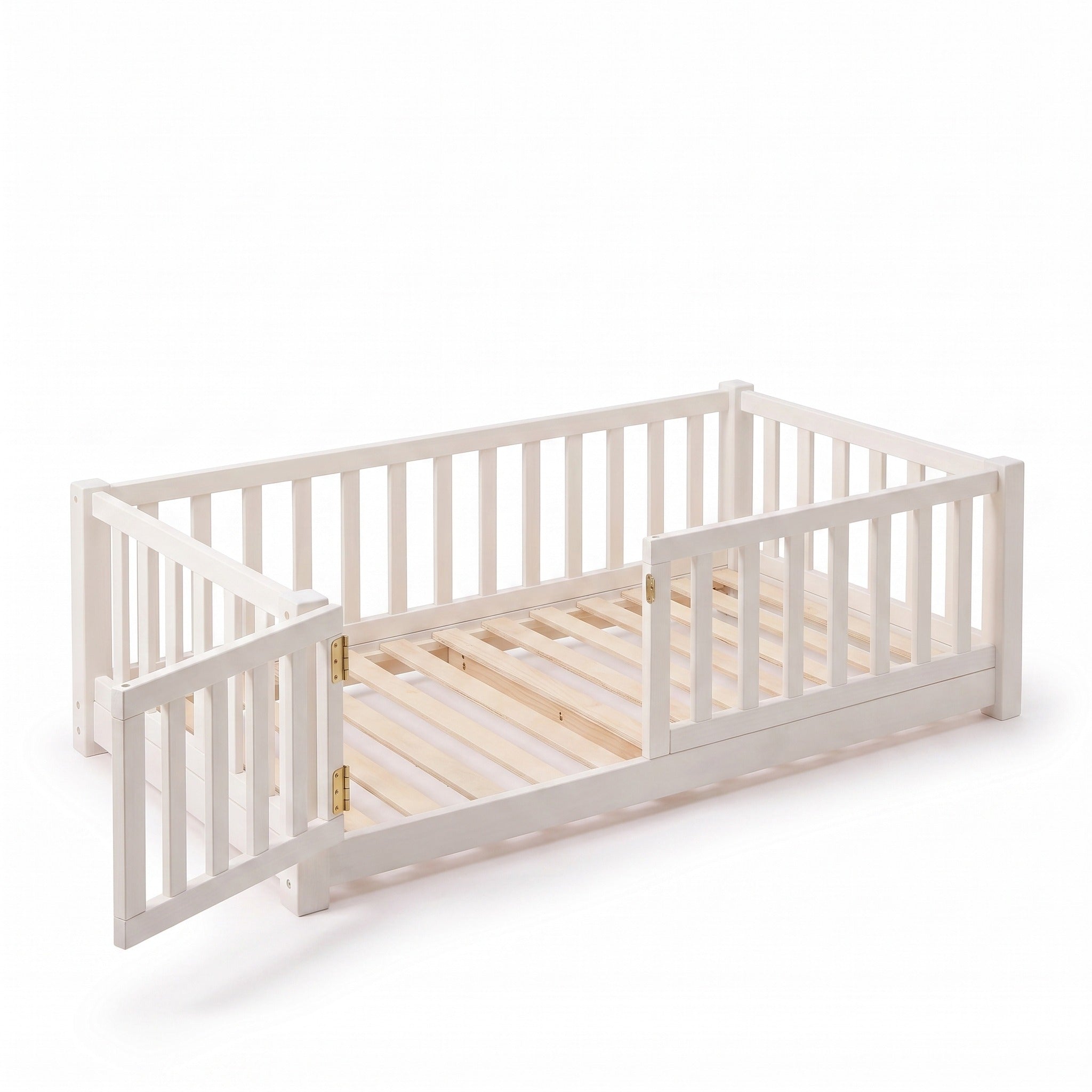 Twin size white Montessori floor bed with the front-left gate swung open, showing brass hinges and natural wood slats