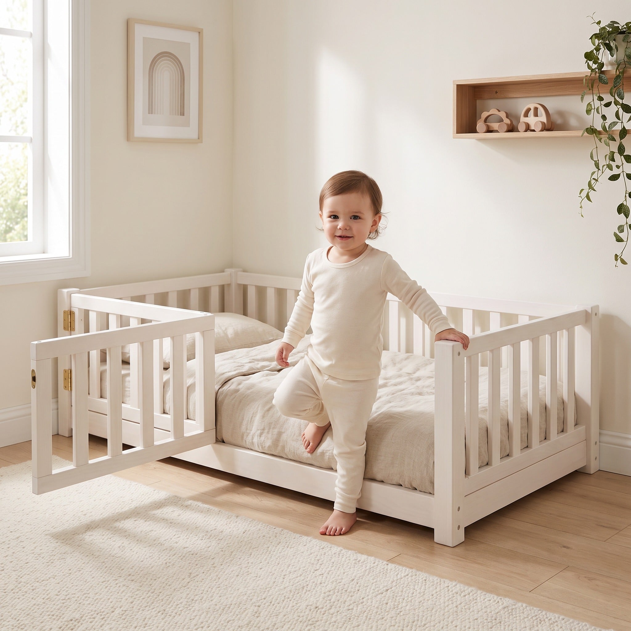 Toddler stepping into the twin size white Montessori floor bed through the open front-left gate