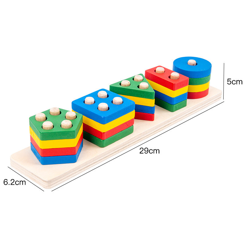 Five-column Montessori cylinder block set on a long birch base, 29 cm wide, 6.2 cm deep and 5 cm tall, with primary-coloured stacking pieces