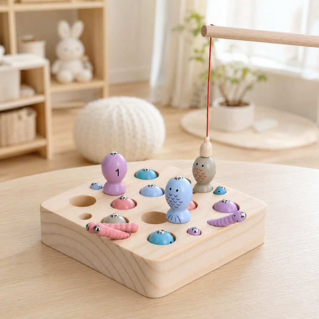 2-in-1 Magnetic Fishing & Bug Catching Game – Wooden Focus Toy, opposite-angle lifestyle view