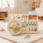 Wooden Steering Wheel Busy Board – Toddler Pretend Driving Toy, in a bright Scandinavian nursery
