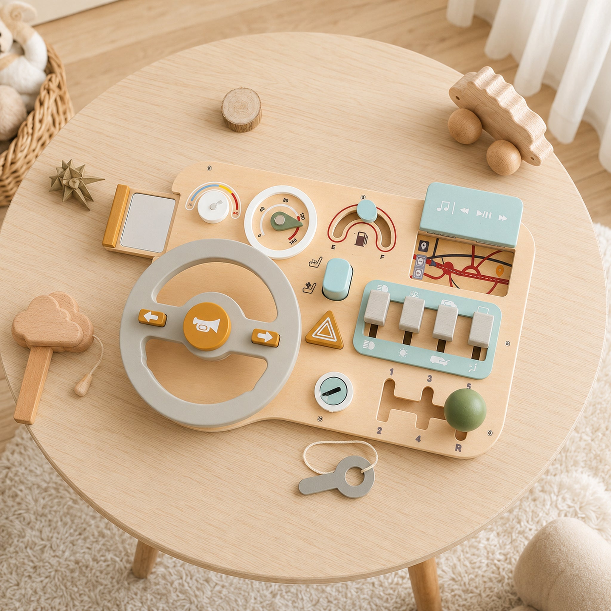 Wooden Steering Wheel Busy Board – Toddler Pretend Driving Toy, elevated lifestyle view