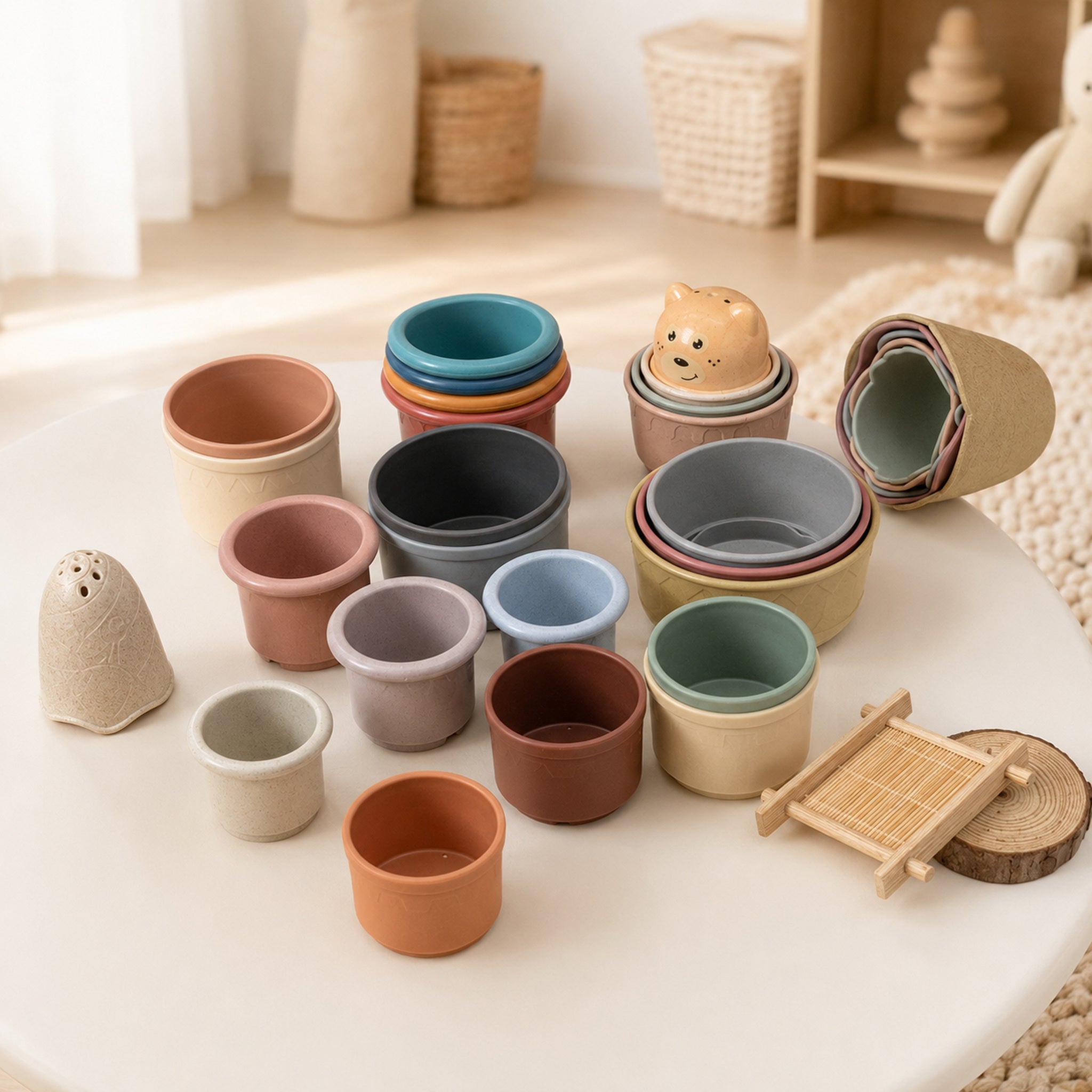 Rainbow Silicone Stacking Cups – Baby Nesting & Bath Toy, 7 pcs, in a bright Scandinavian nursery