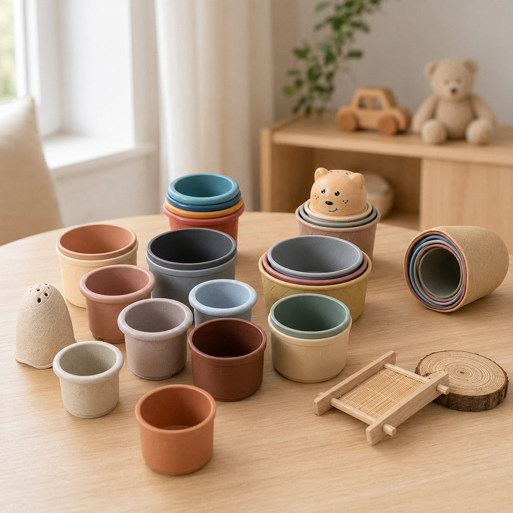 Rainbow Silicone Stacking Cups – Baby Nesting & Bath Toy, 7 pcs, opposite-angle lifestyle view