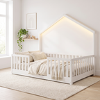 Twin size white Montessori floor bed with LED lights, made up with cream bedding in a bright Scandinavian nursery