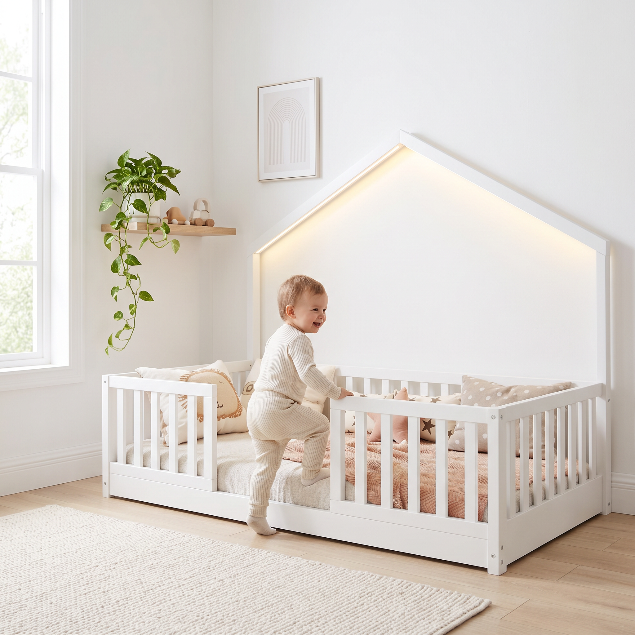 Toddler climbing into the twin size white Montessori floor bed with the LED roof lighting on