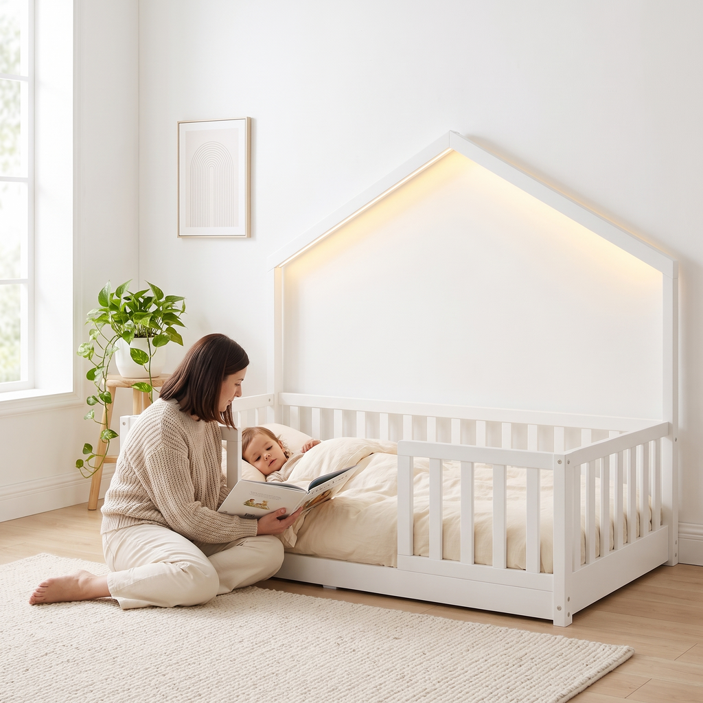 Parent sitting beside the twin size white Montessori floor bed reading a picture book to their toddler