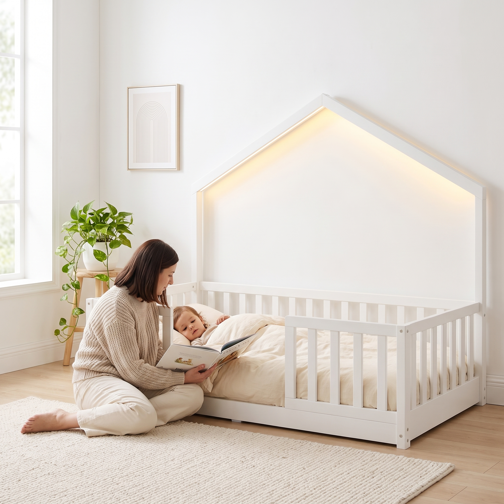 Parent sitting beside the twin size white Montessori floor bed reading a picture book to their toddler