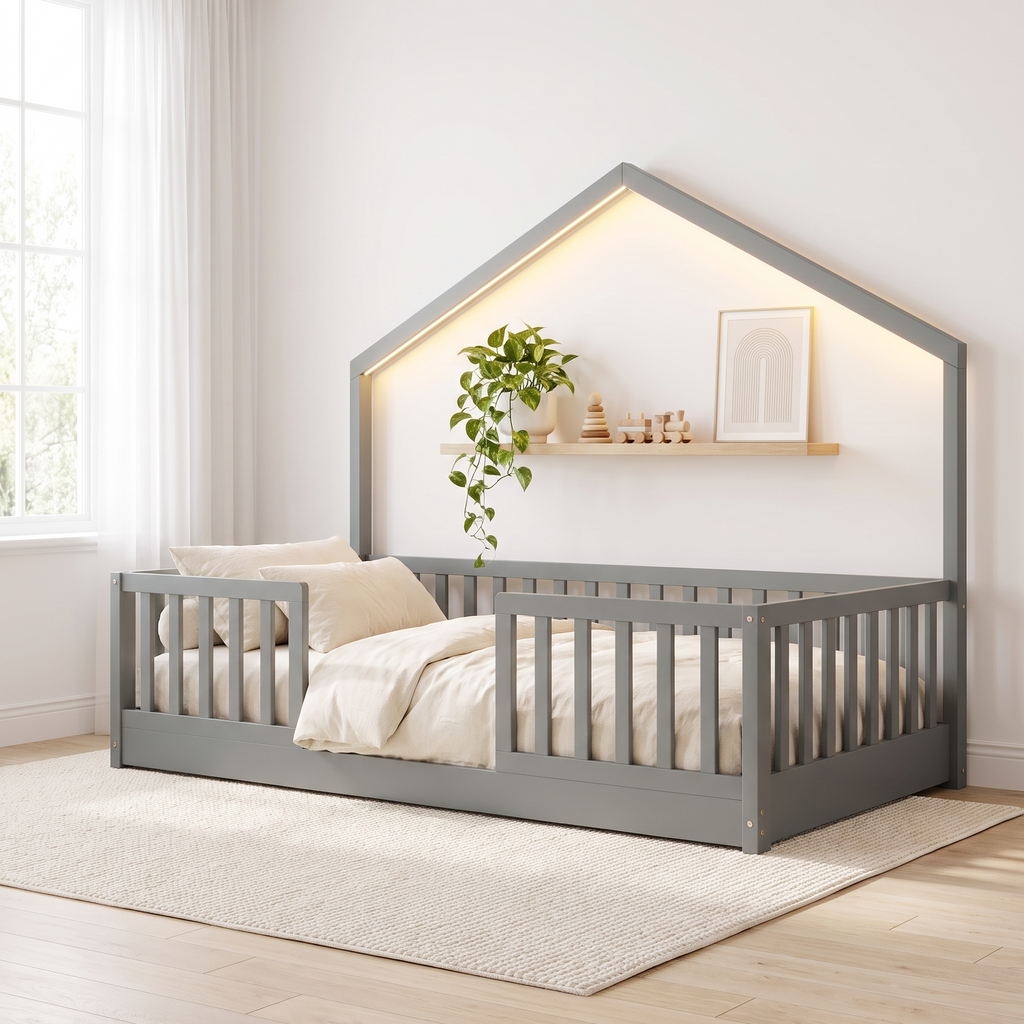 Twin size grey Montessori floor bed with LED lights, made up with cream bedding in a bright Scandinavian nursery