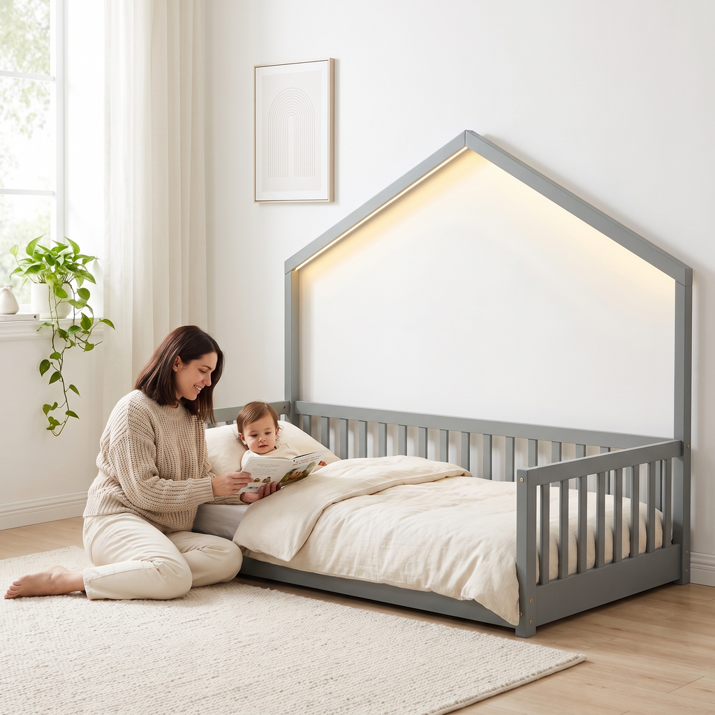 Parent sitting beside the twin size grey Montessori floor bed reading a picture book to their toddler