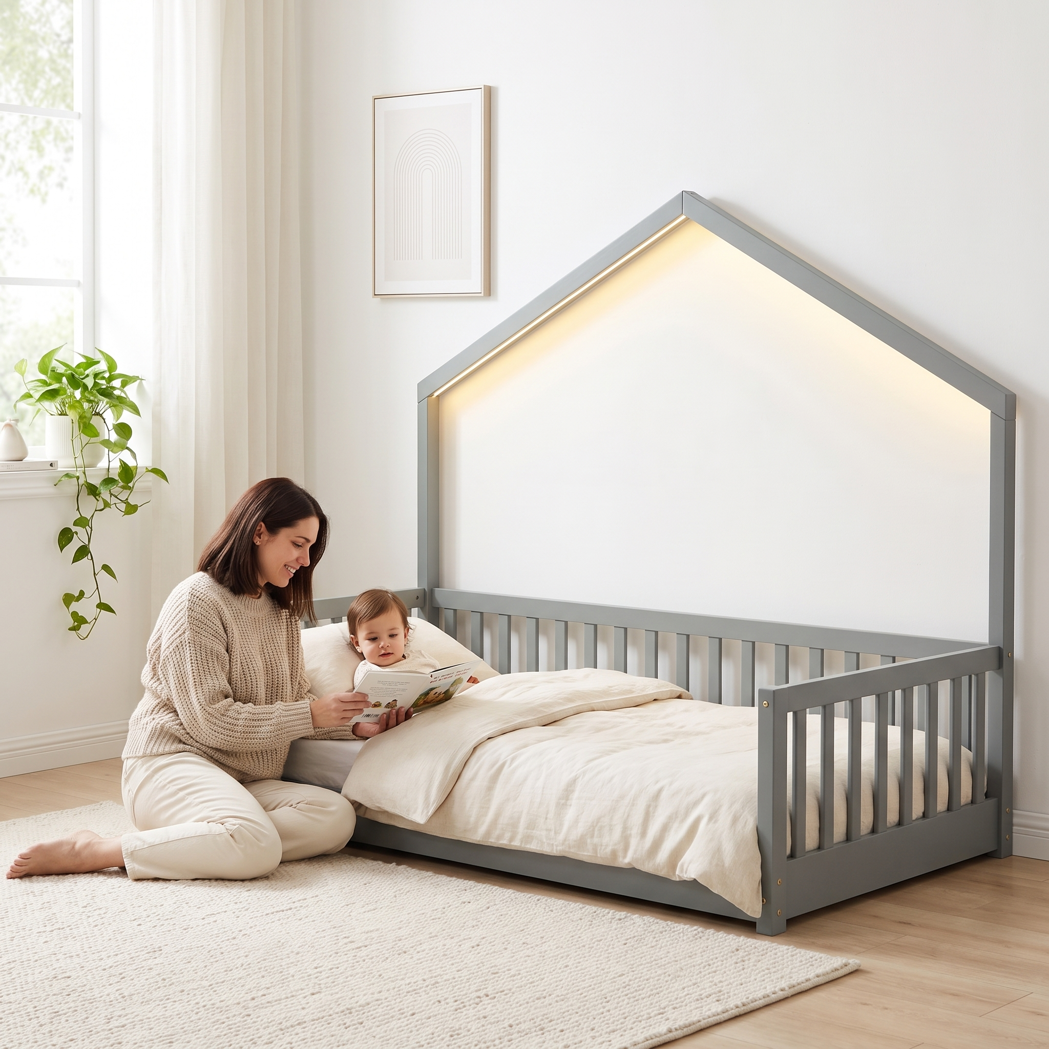Parent sitting beside the twin size grey Montessori floor bed reading a picture book to their toddler