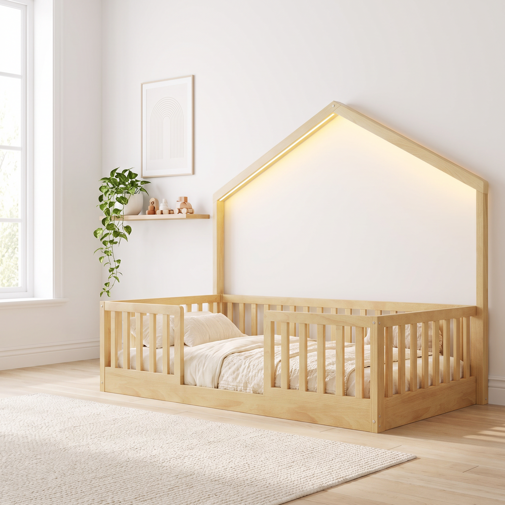 Twin size natural wood Montessori floor bed with LED lights, made up with cream bedding in a bright Scandinavian nursery