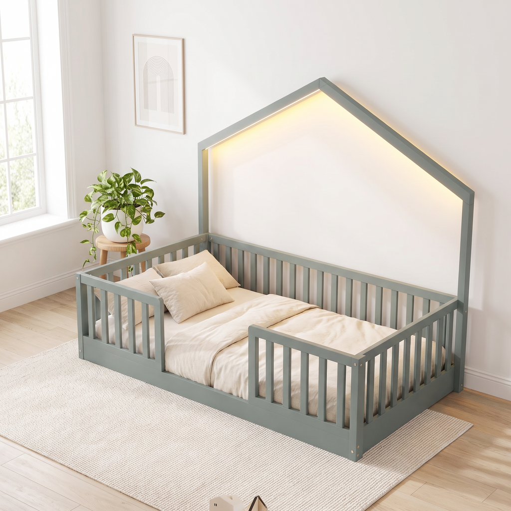 Twin size grey Montessori floor bed with LED lights, elevated view from the foot of the bed