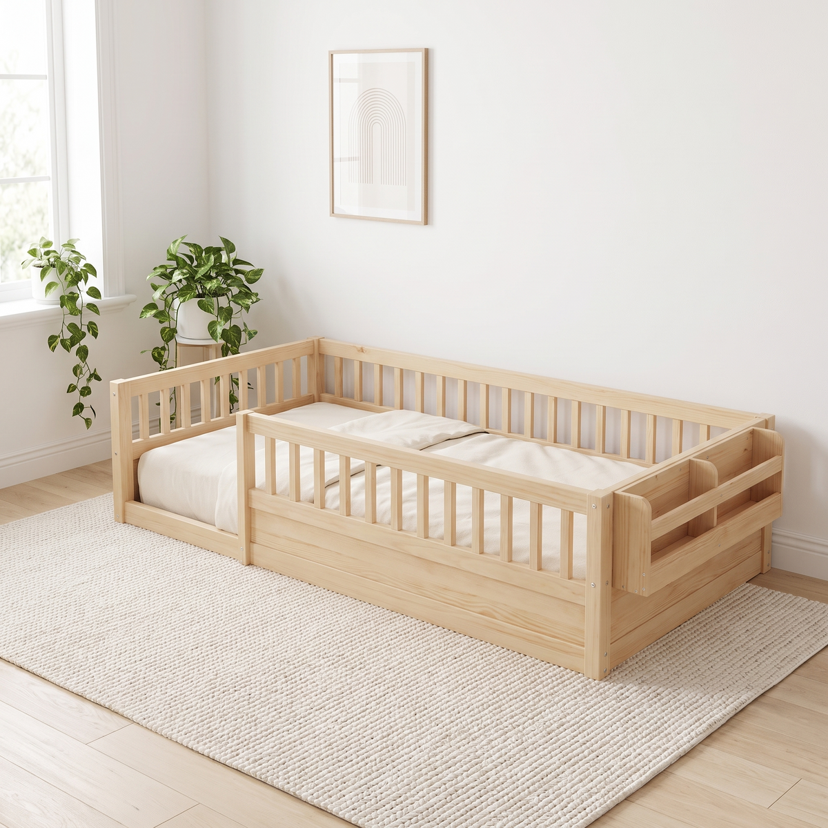 Twin natural Montessori floor bed seen from the foot end, showing the full guardrail frame and open doorway
