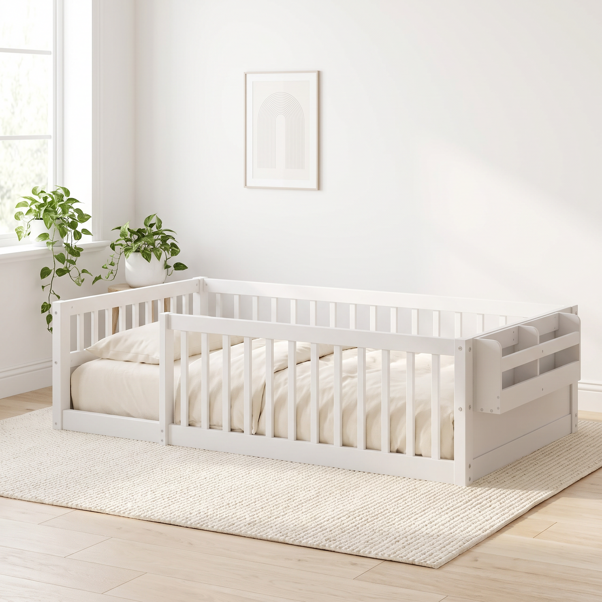 Twin white Montessori floor bed seen from the foot end, showing the full guardrail frame and open doorway