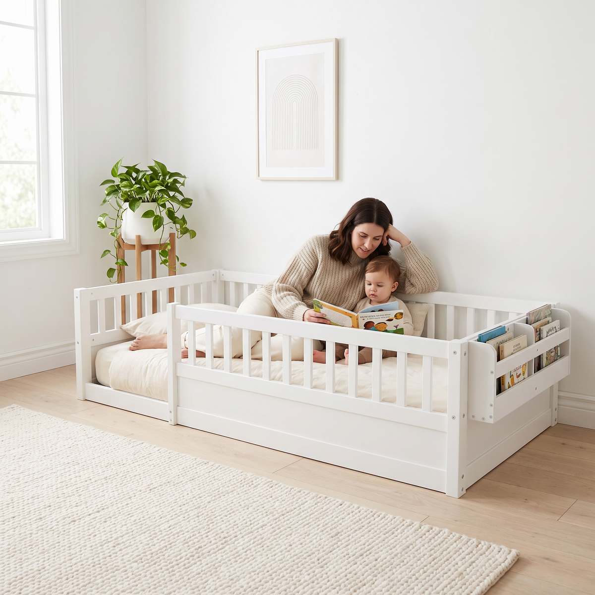 Parent lying inside the twin white Montessori floor bed reading a picture book to their toddler