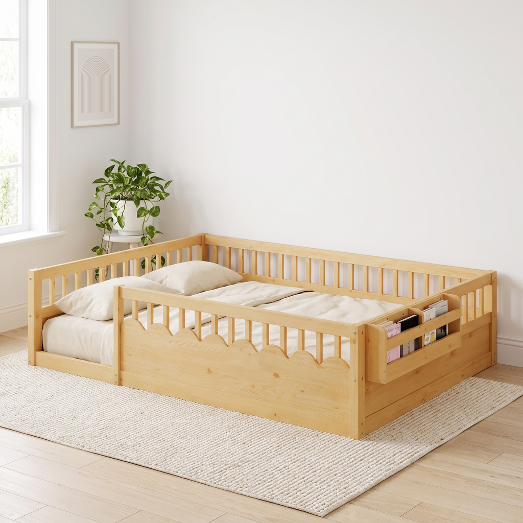 Full size natural Montessori floor bed seen from the foot end, showing the wide guardrail frame and open doorway