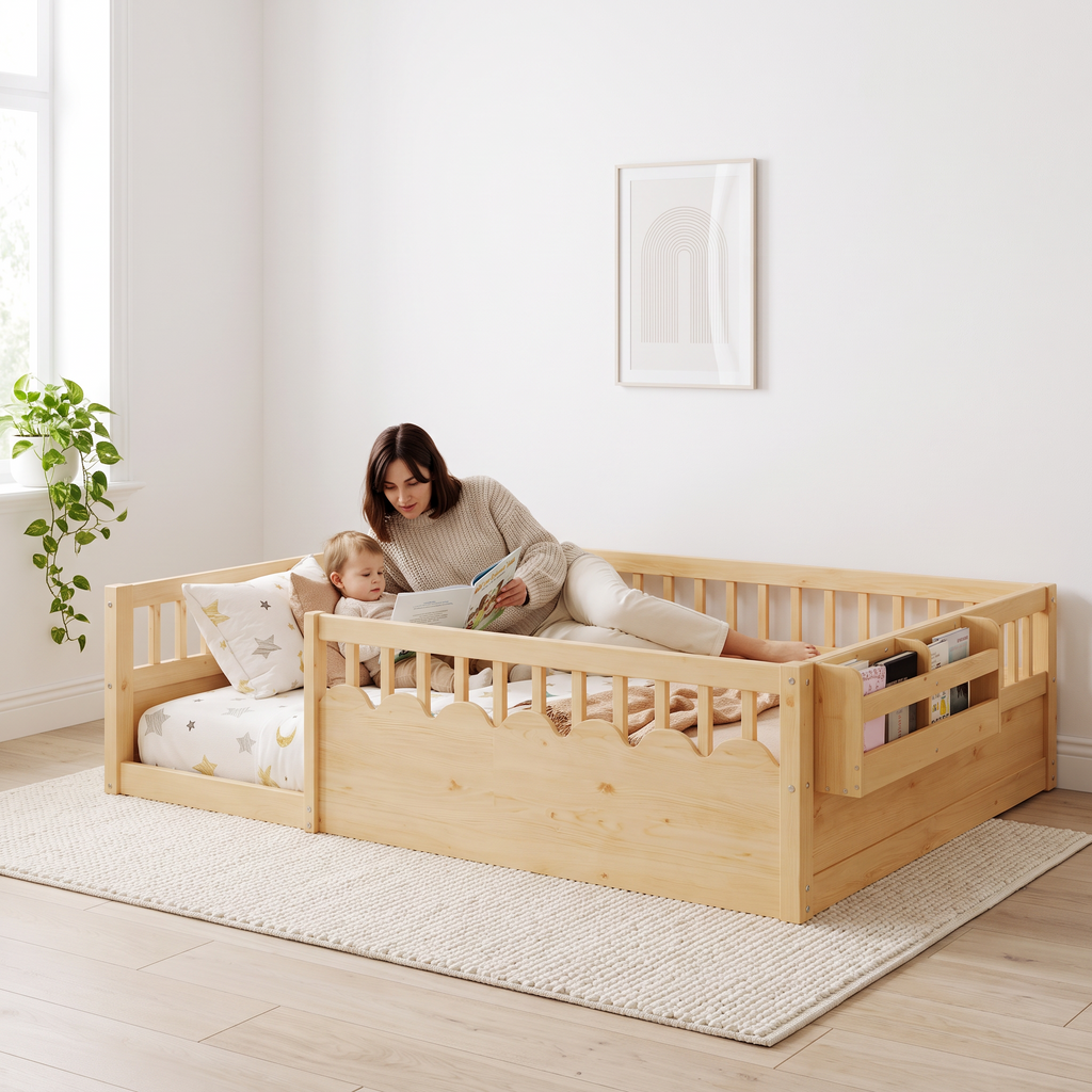 Parent stretched out inside the full size natural Montessori floor bed reading a picture book with their toddler