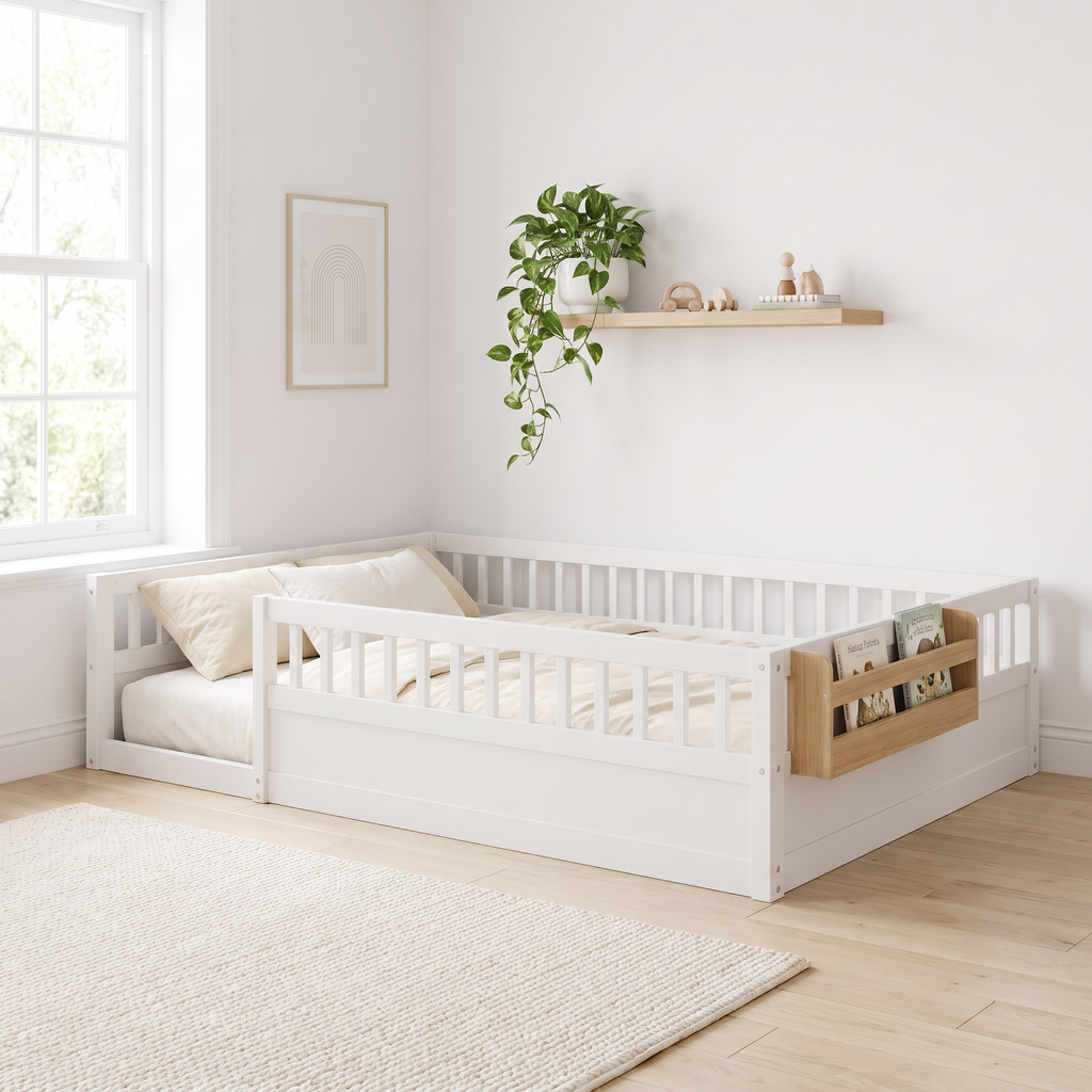 Full size white Montessori floor bed with high rails and side storage shelf, made up with cream bedding in a bright Scandinavian nursery
