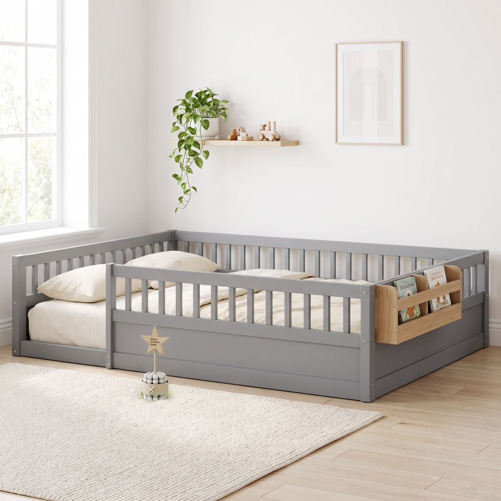 Full size grey Montessori floor bed with high rails and side storage shelf, made up with cream bedding in a bright Scandinavian nursery