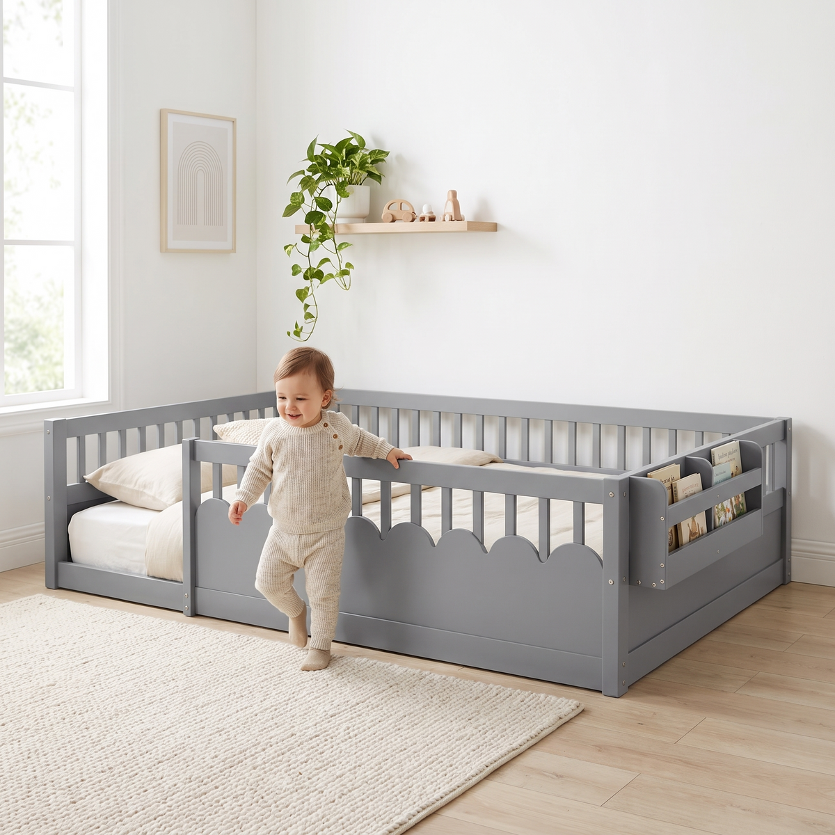 Toddler stepping out through the open doorway in the side rail of the full size grey Montessori floor bed