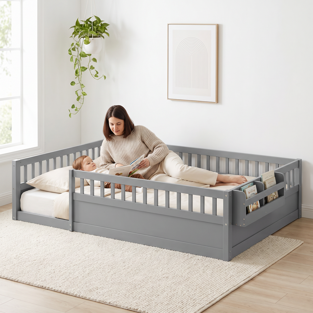 Parent stretched out inside the full size grey Montessori floor bed reading a picture book with their toddler