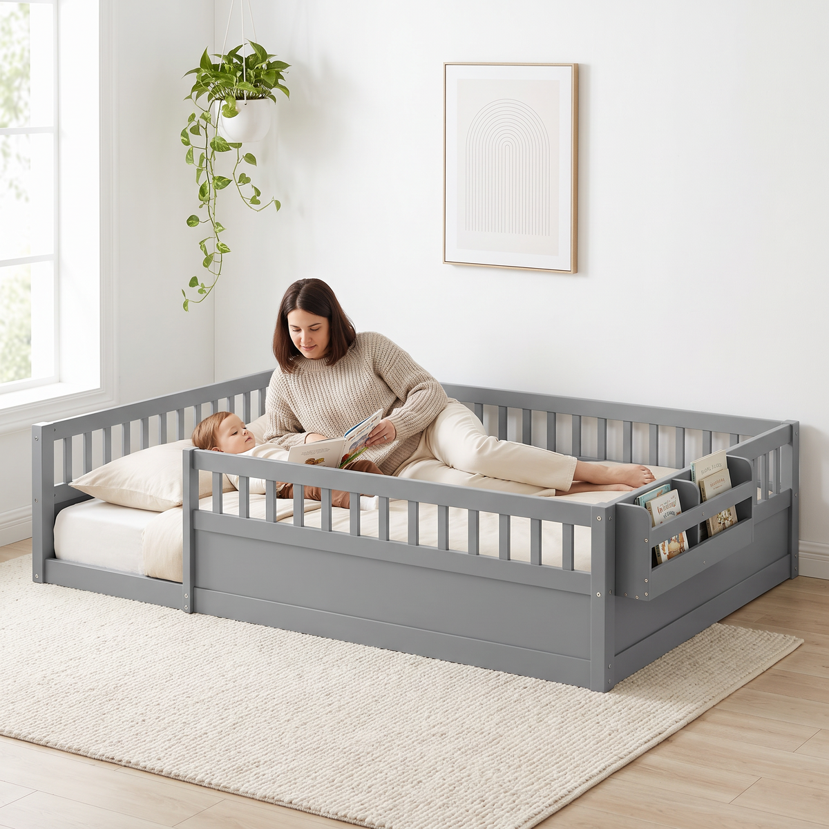 Parent stretched out inside the full size grey Montessori floor bed reading a picture book with their toddler