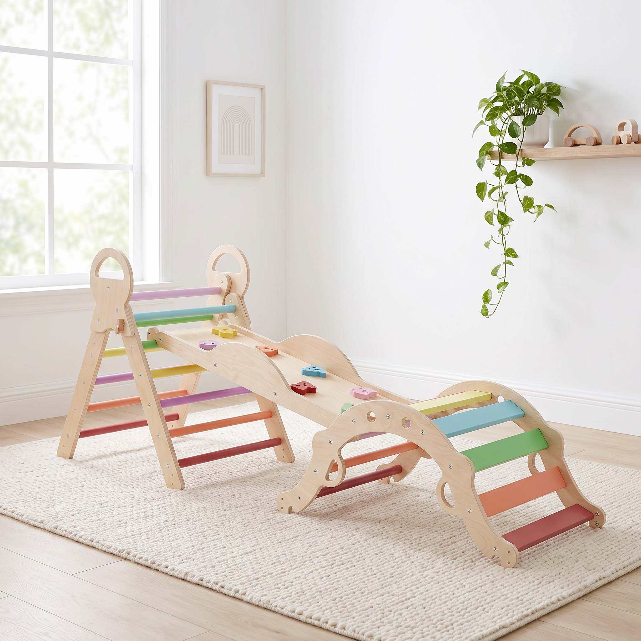 Rainbow wooden Pikler triangle set assembled with arch and ramp on a cream rug in a bright Scandinavian nursery