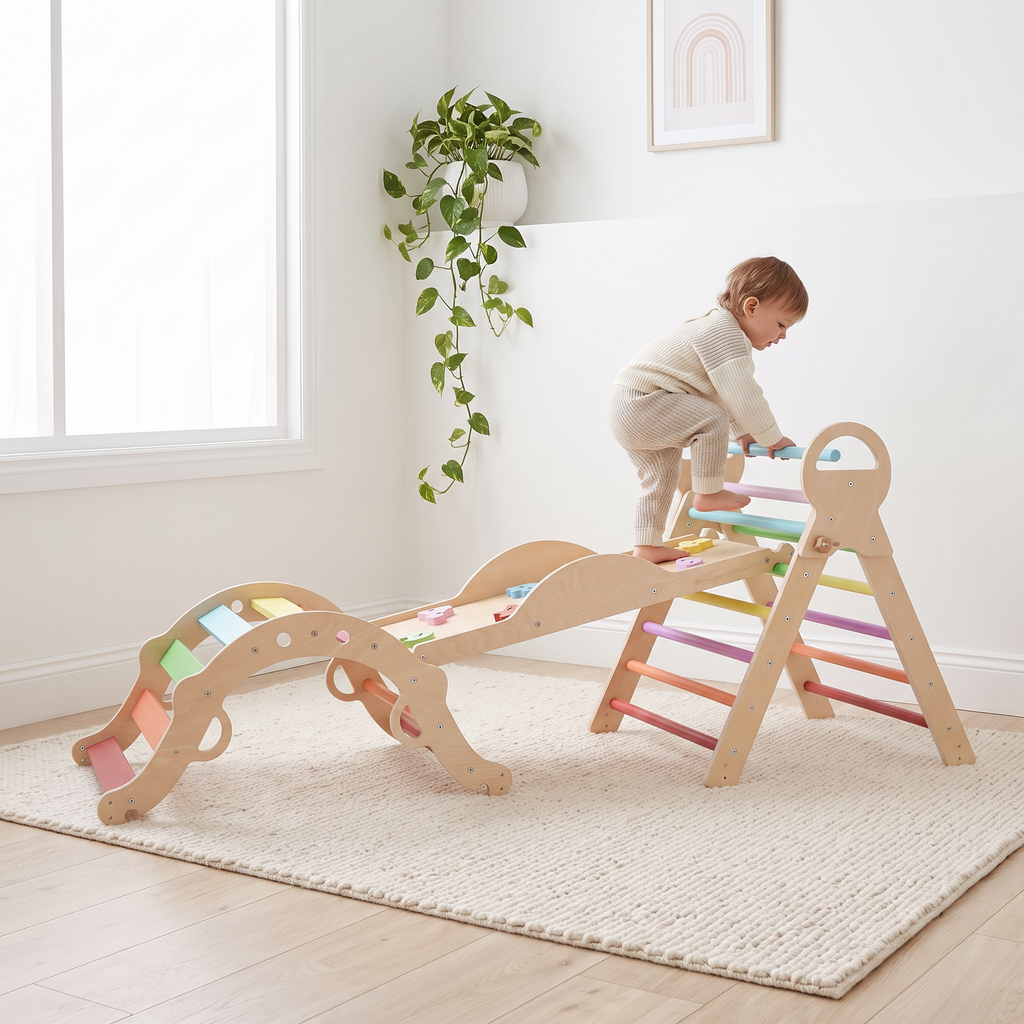 Toddler climbing the rungs of the rainbow wooden Pikler triangle