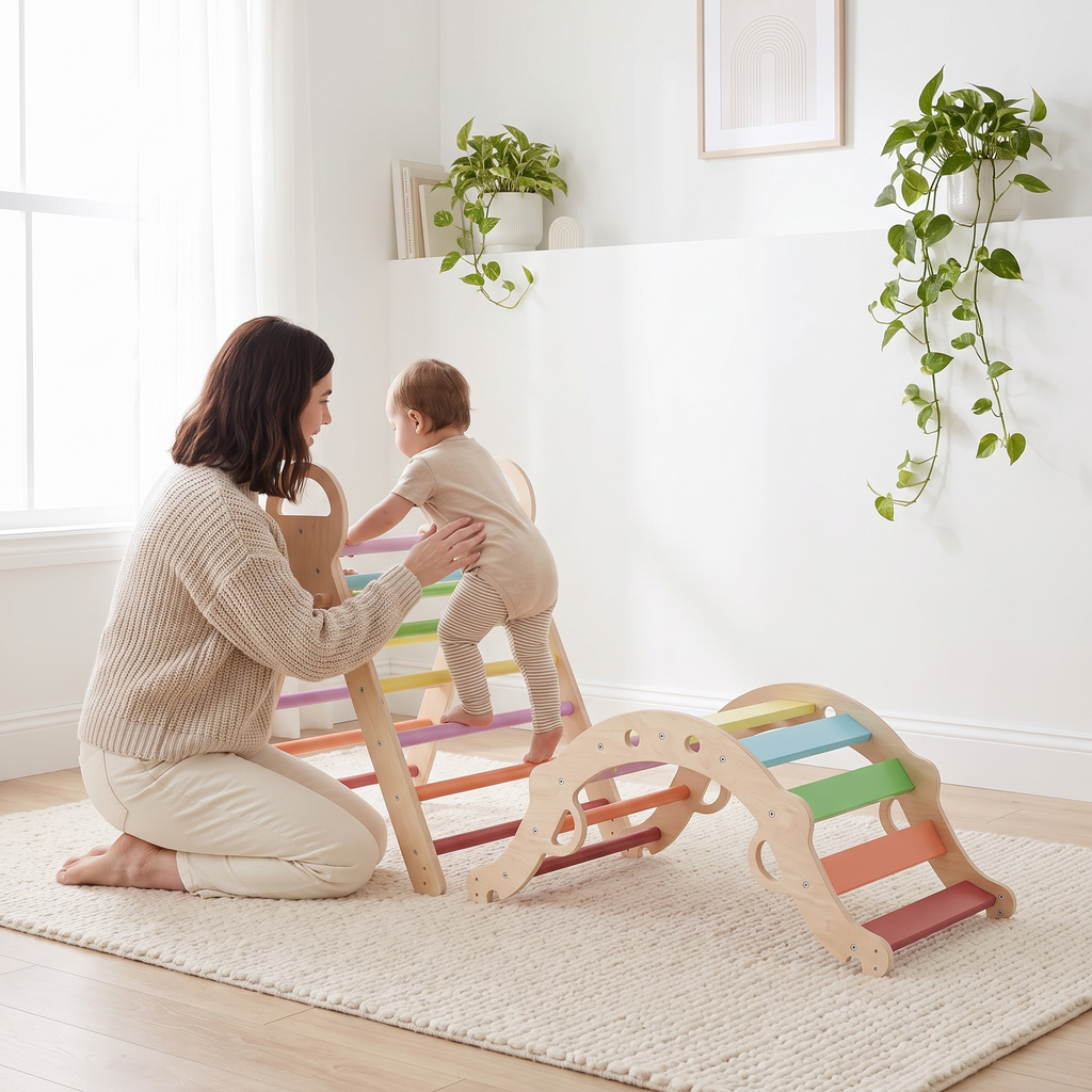 Parent kneeling beside the rainbow Pikler triangle spotting their toddler as they climb