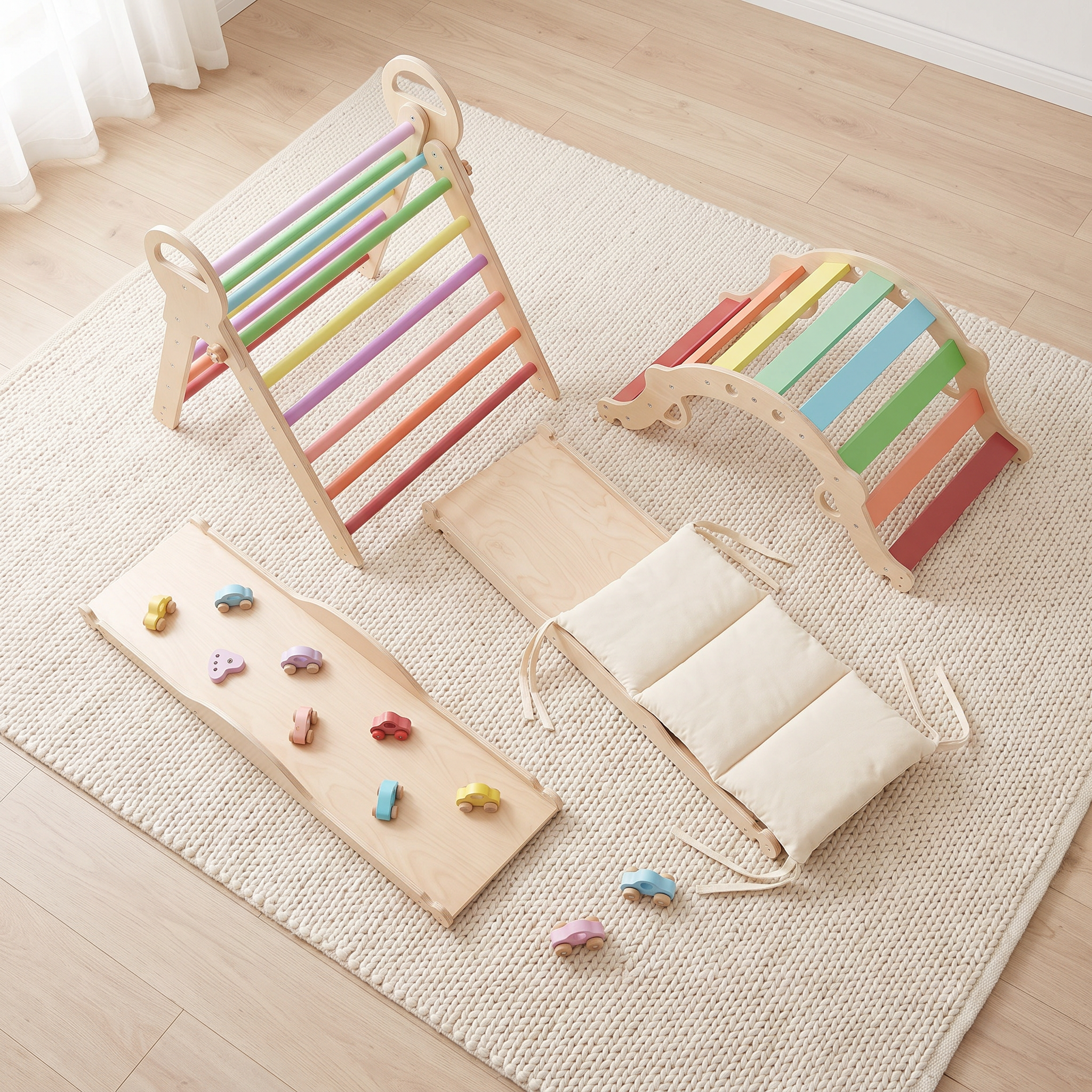 All pieces of the rainbow Pikler triangle set laid out: triangle, rocking arch, ramp, two wooden cars and cushion