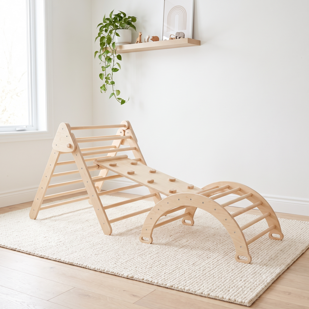 Natural wood Pikler triangle set assembled with arch and ramp on a cream rug in a bright Scandinavian nursery