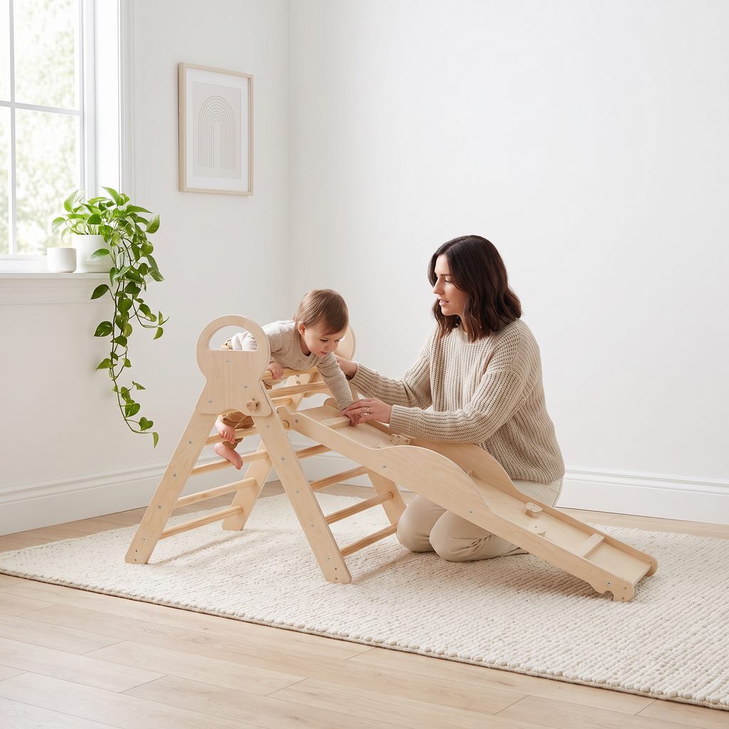 Parent kneeling beside the natural wood Pikler triangle spotting their toddler as they climb