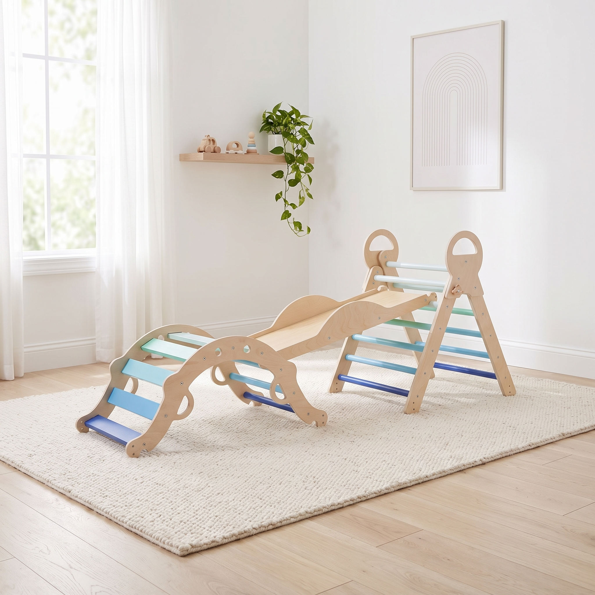 Blue wooden Pikler triangle set assembled with arch and ramp on a cream rug in a bright Scandinavian nursery