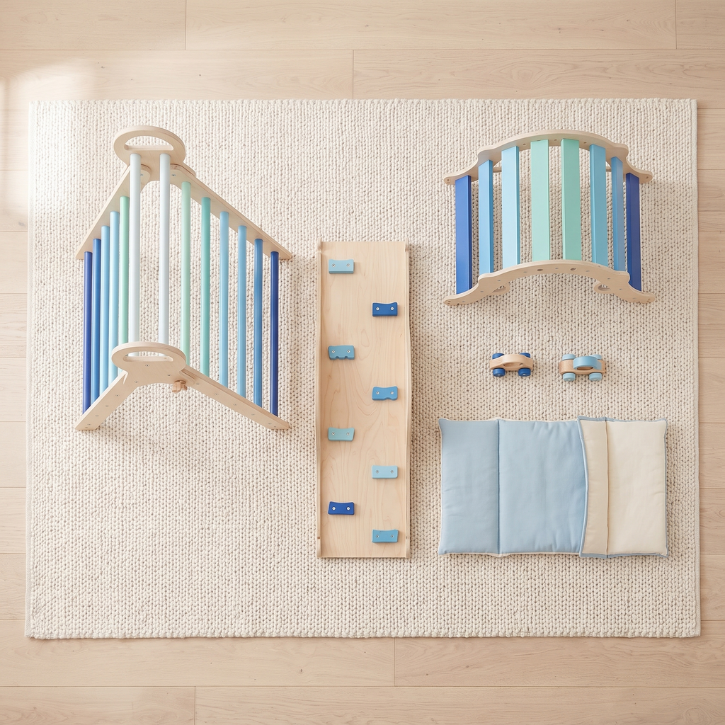 All pieces of the blue Pikler triangle set laid out: triangle, rocking arch, ramp, two wooden cars and cushion