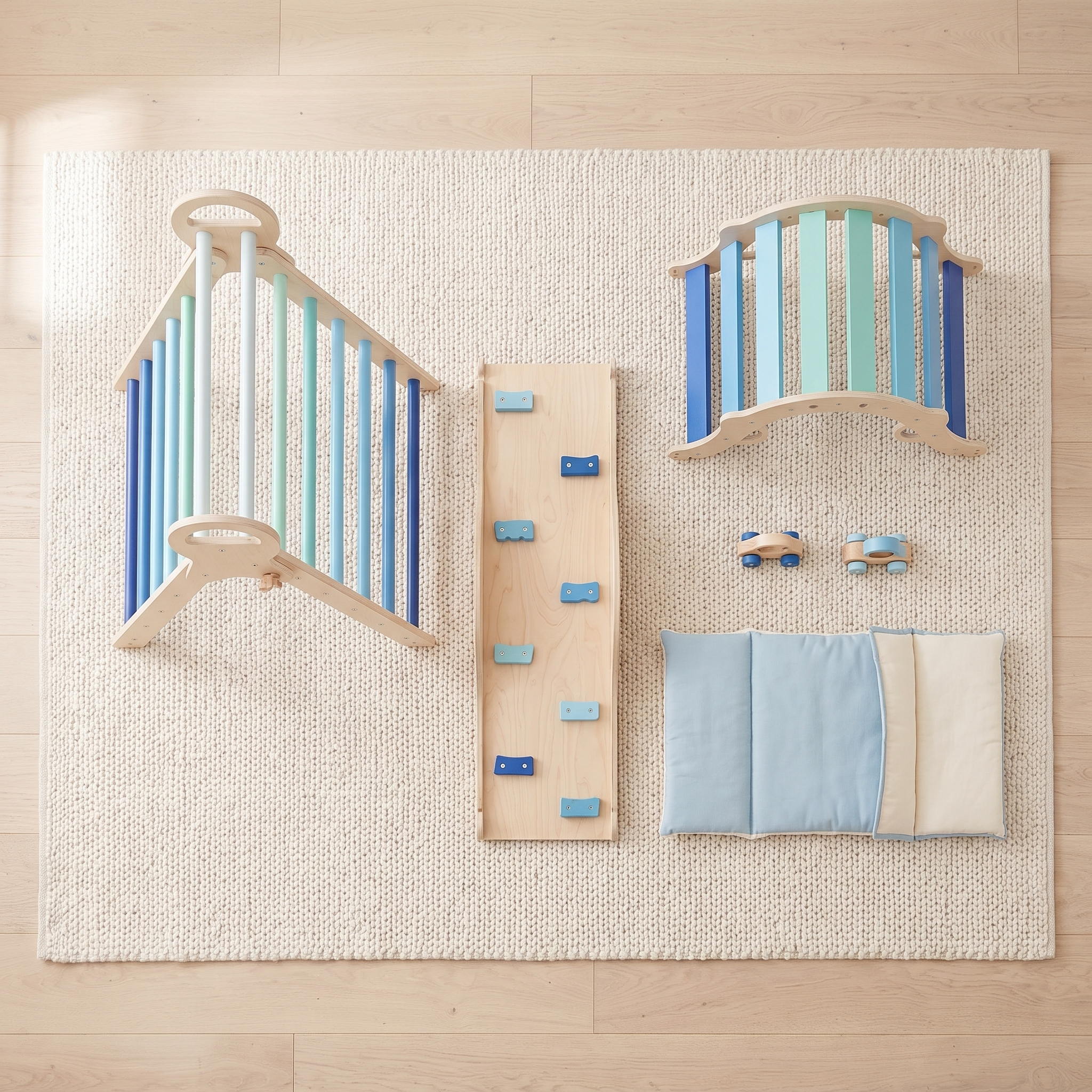 All pieces of the blue Pikler triangle set laid out: triangle, rocking arch, ramp, two wooden cars and cushion