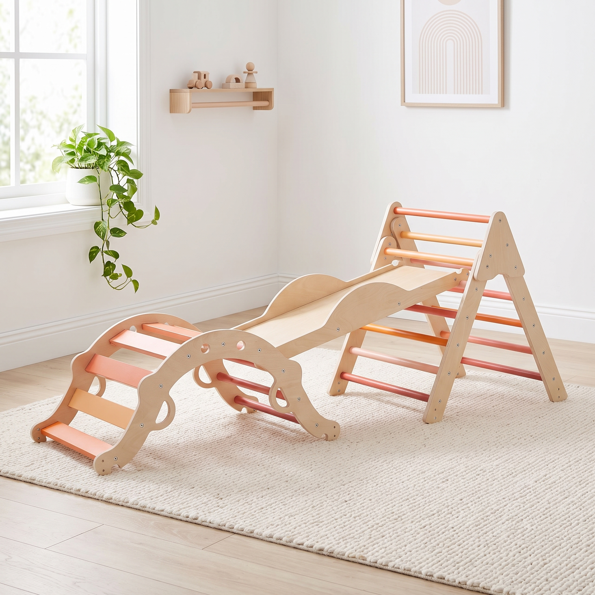 Orange wooden Pikler triangle set assembled with arch and ramp on a cream rug in a bright Scandinavian nursery