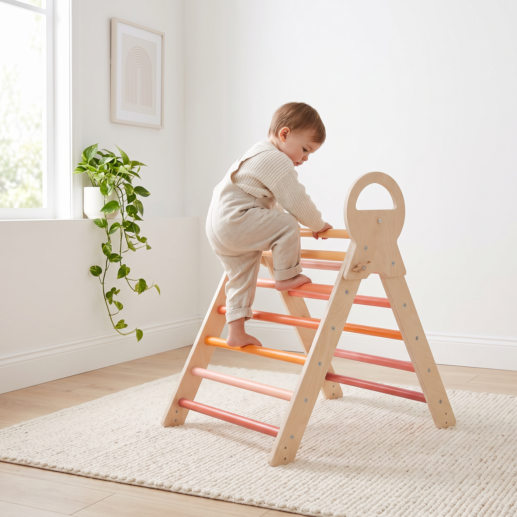 Toddler climbing the rungs of the orange wooden Pikler triangle