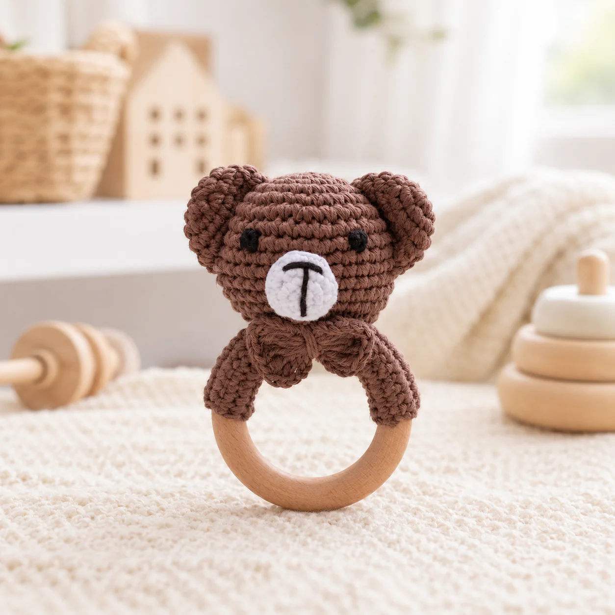 Crochet Animal Baby Rattle – Wooden Ring Teether & Newborn Sensory Toy