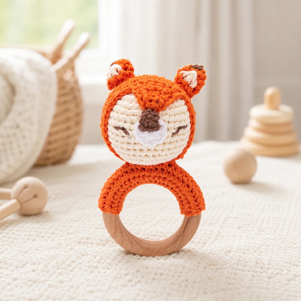 Crochet Animal Baby Rattle – Wooden Ring Teether & Newborn Sensory Toy